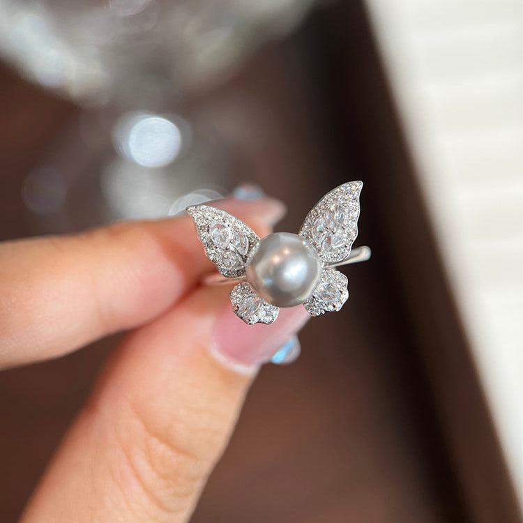 Butterfly Pearl Fashionable Adjustable Ring In Sterling Silver