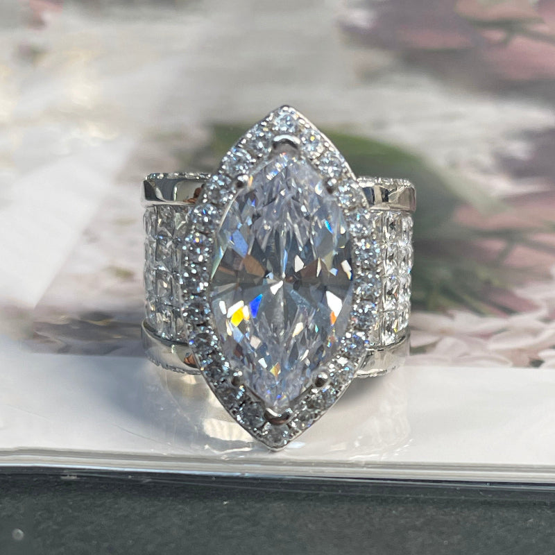 7CT Halo Marquise Cut Wide Band Engagement Ring in Sterling Silver