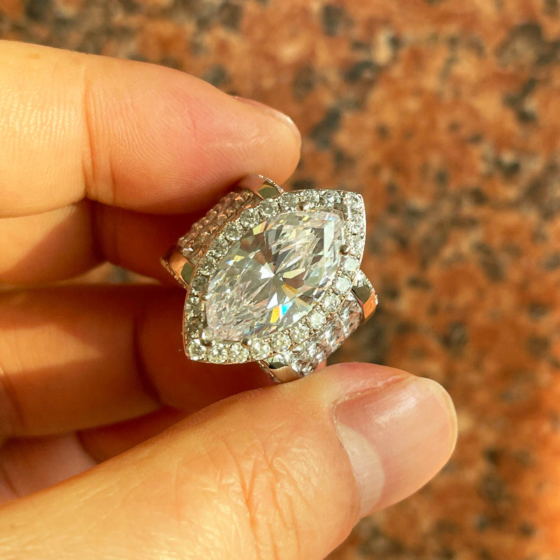 7CT Halo Marquise Cut Wide Band Engagement Ring in Sterling Silver
