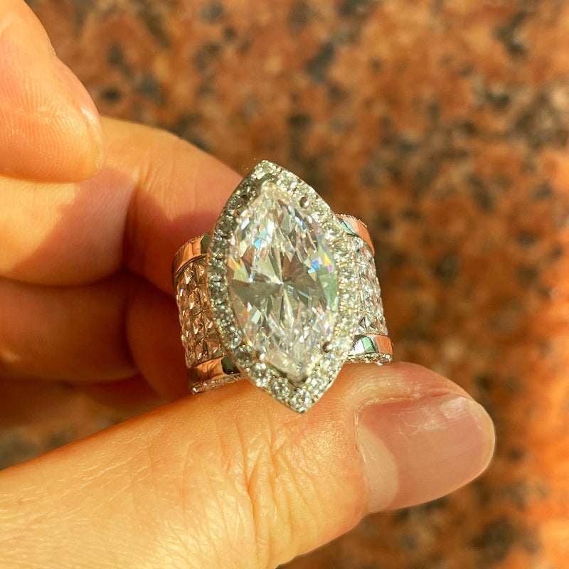 7CT Halo Marquise Cut Wide Band Engagement Ring in Sterling Silver
