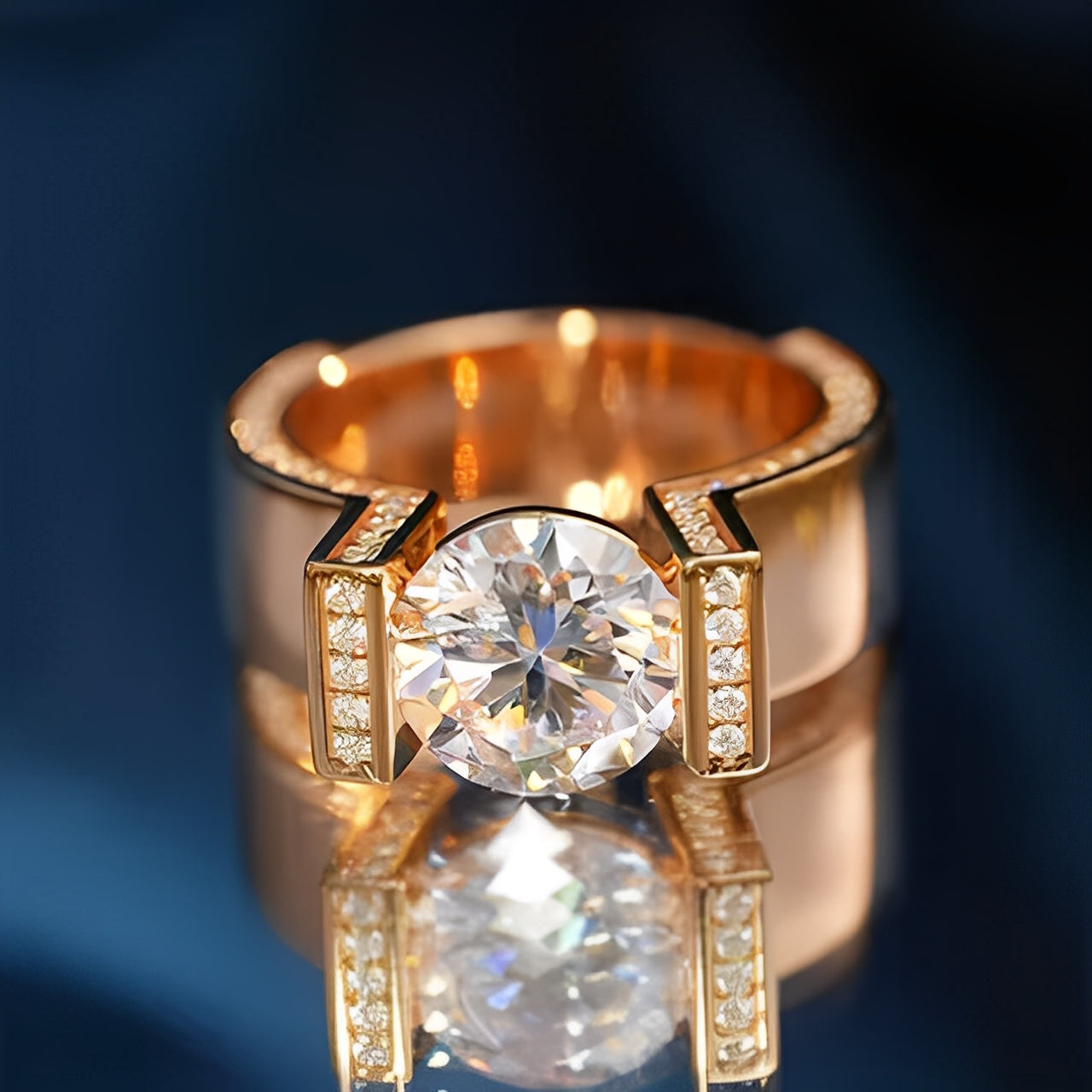 Round Cut Rose Golden Tension-set Engagement Ring