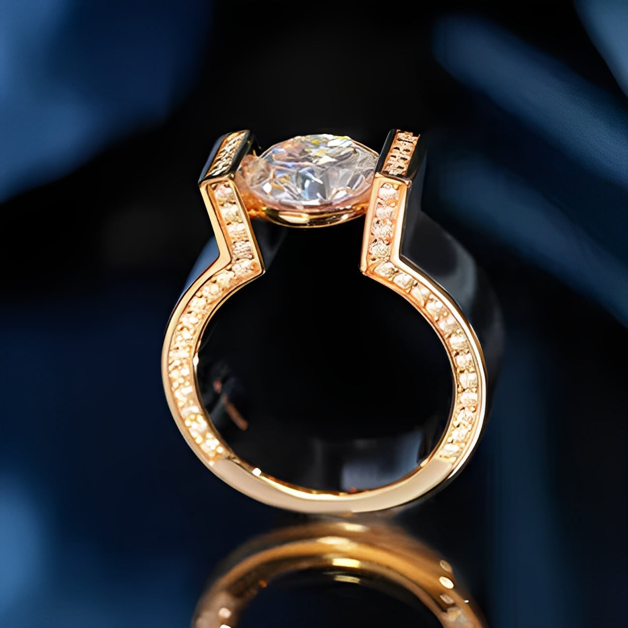 Round Cut Rose Golden Tension-set Engagement Ring