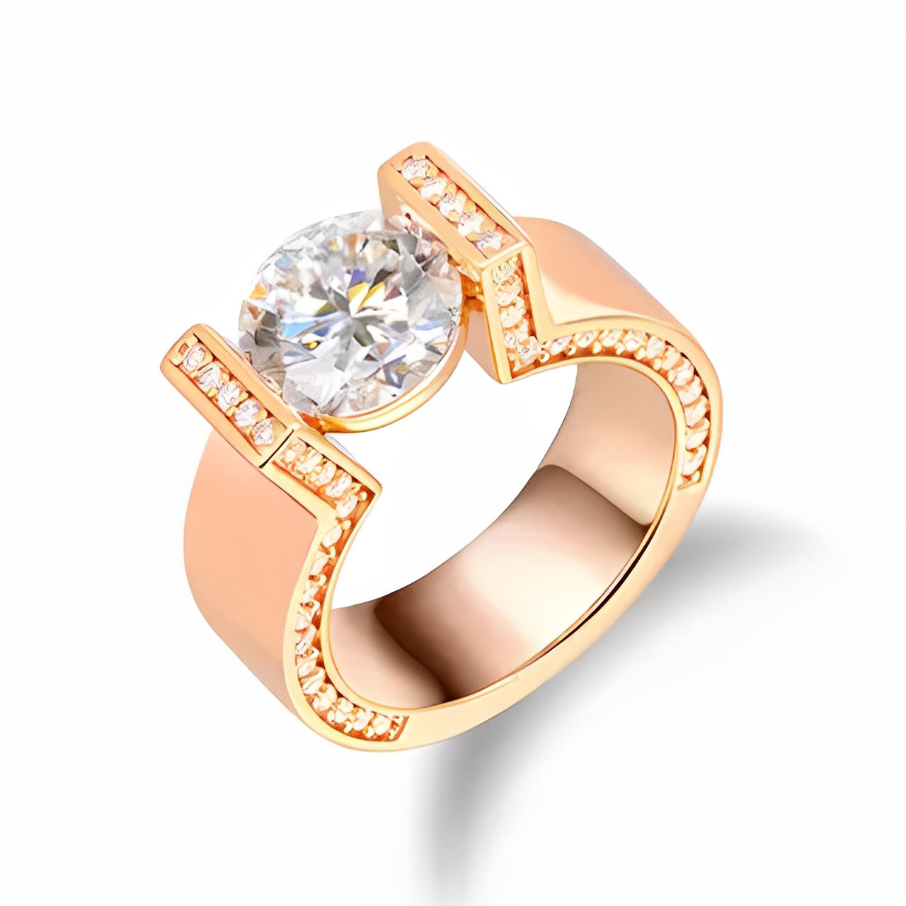 Round Cut Rose Golden Tension-set Engagement Ring