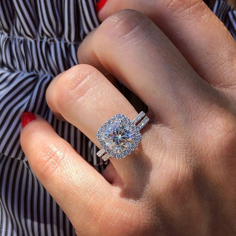 pcs Halo Cushion Cut Bridal Set Rings in Sterling Silver – Shine