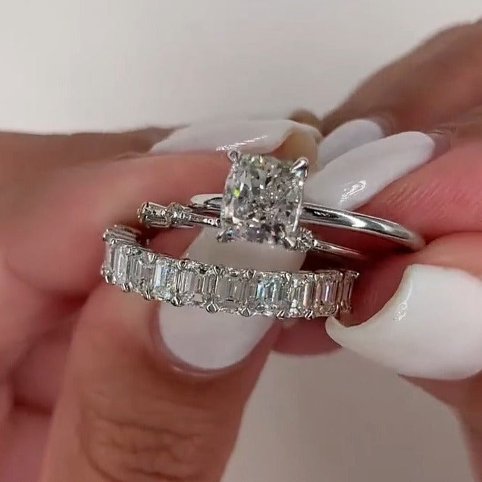 Radiant Solitaire Emerald Eternity Wedding Set in 925 Sterling