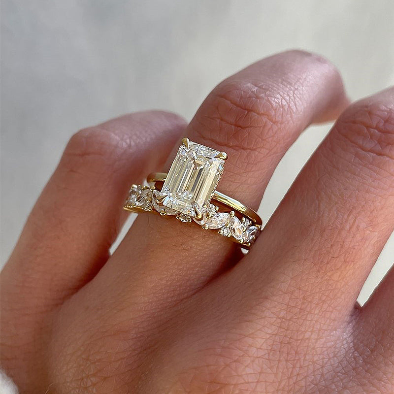 Special Sale | 2pcs Gold Tone Emerald Cut Bridal Ring Set In