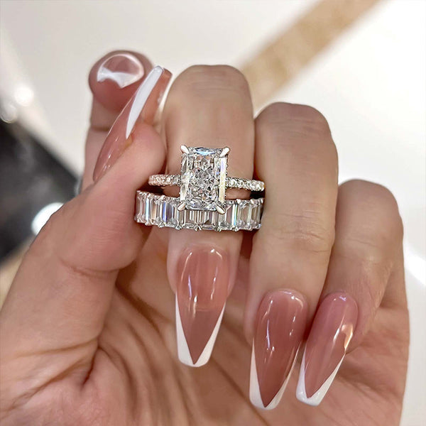 Emerald Cut Wedding Band With Radiant Cut Engagement Ring