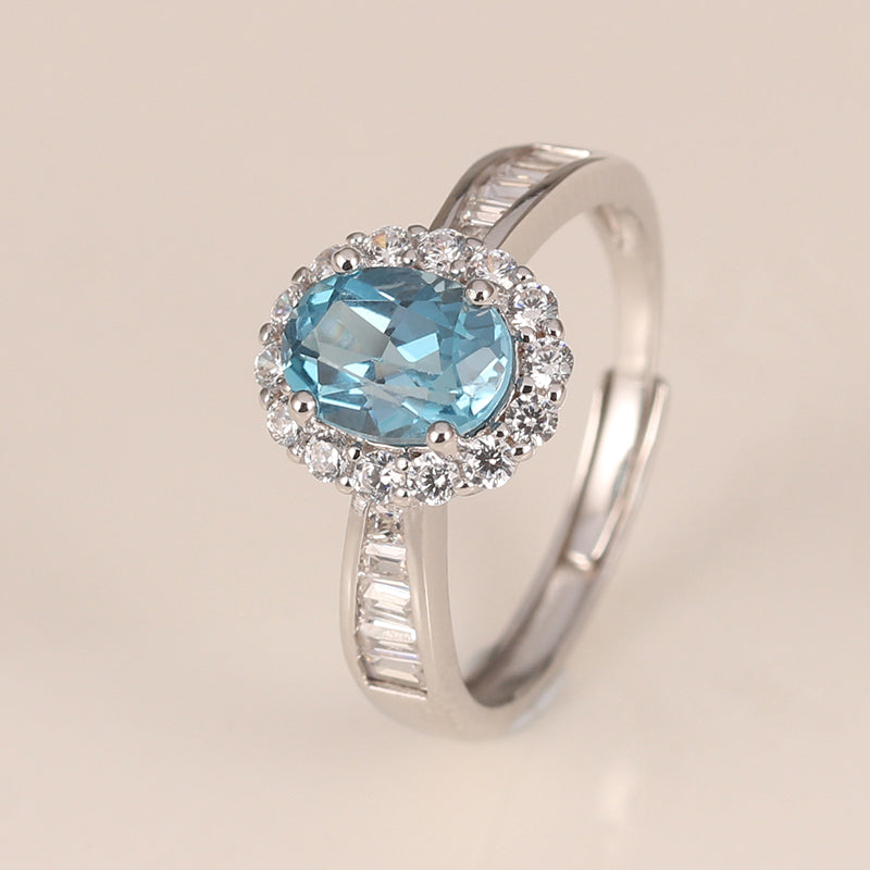 Handcrafted Halo Topaz Ring for Women ¨C Sterling Silver, Adjustable Size