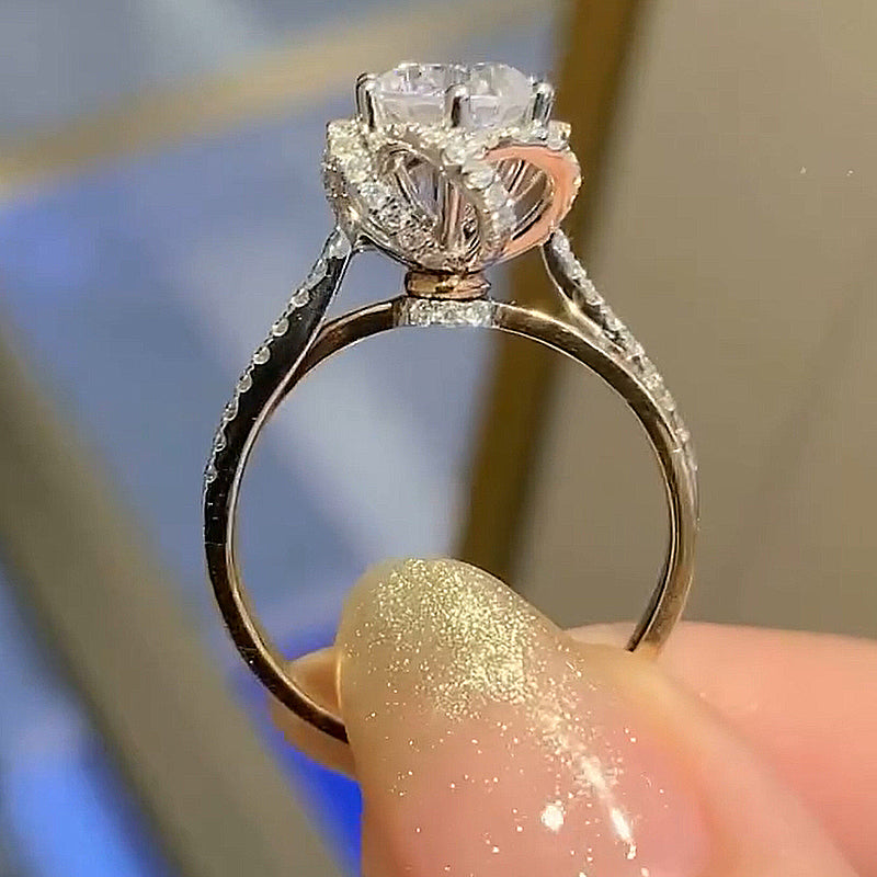 Beautiful Twist Design Flower Round Cut Engagement Ring in Sterling Silver