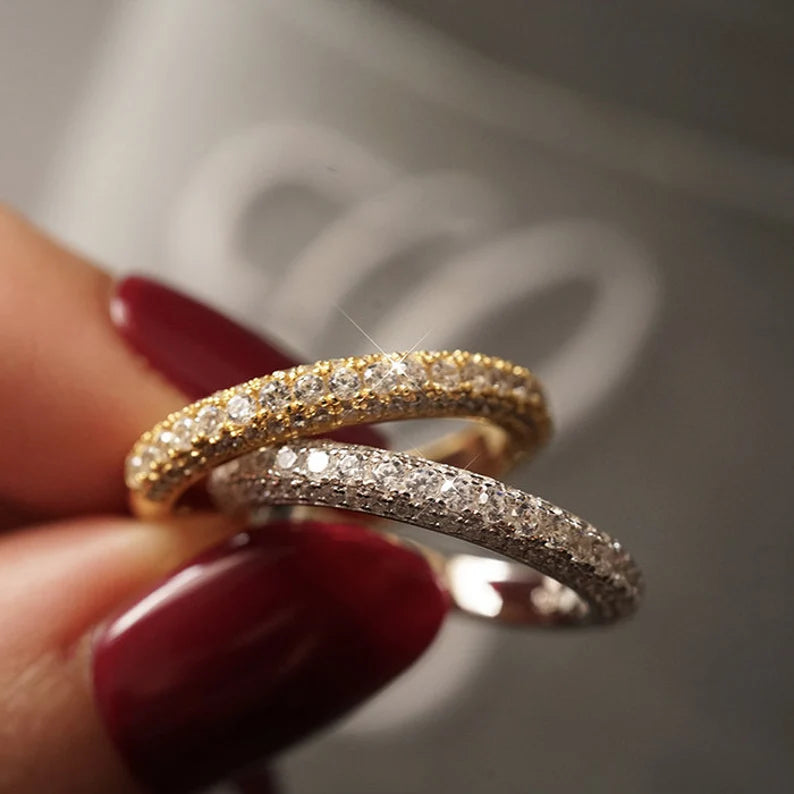 Micro Pavé Triple Row Half Eternity Wedding Band Ring in 925 Sterling Silver
