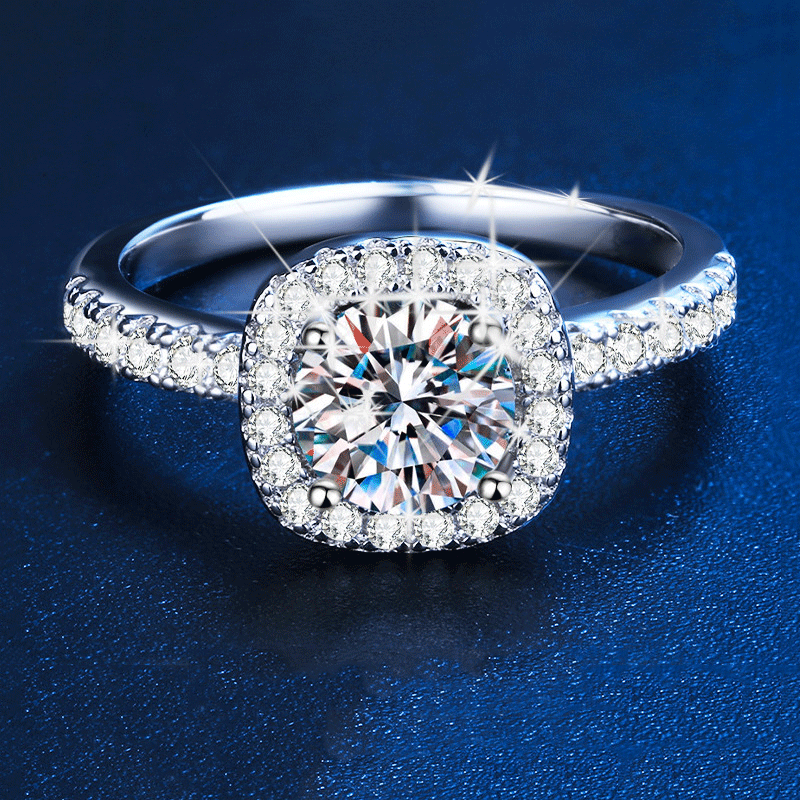 Moissanite Halo Round Cut Sterling Silver Engagement Ring