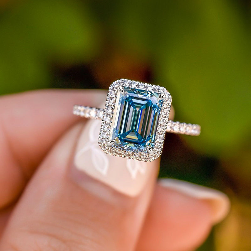 Halo Emerald Cut Light Aquamarine Blue Sterling Silver Engagement
