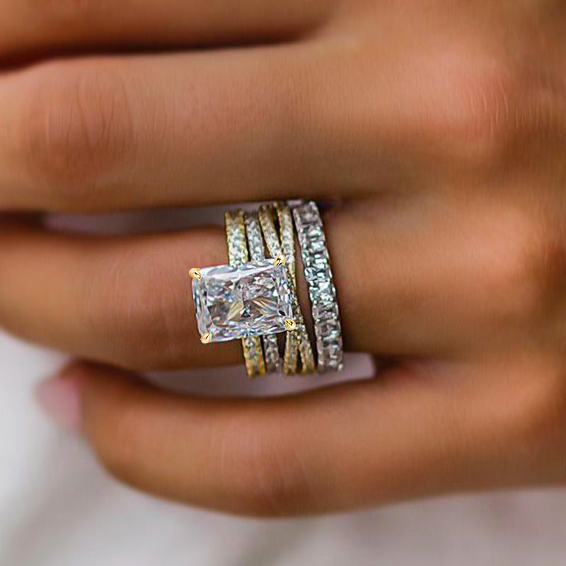 Radiant Cut Wedding Ring Criss Cross Band – Two-Tone Gold