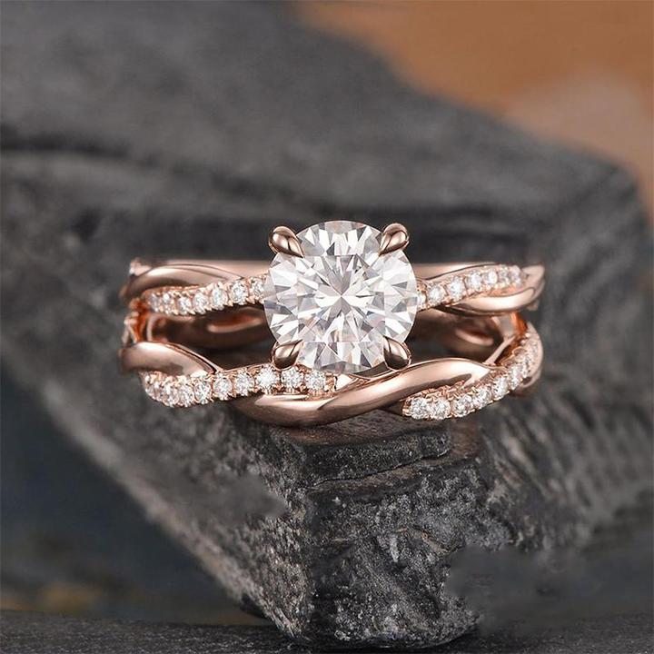 Rose Golden Twist Band Round Cut Wedding Set in Sterling Silver