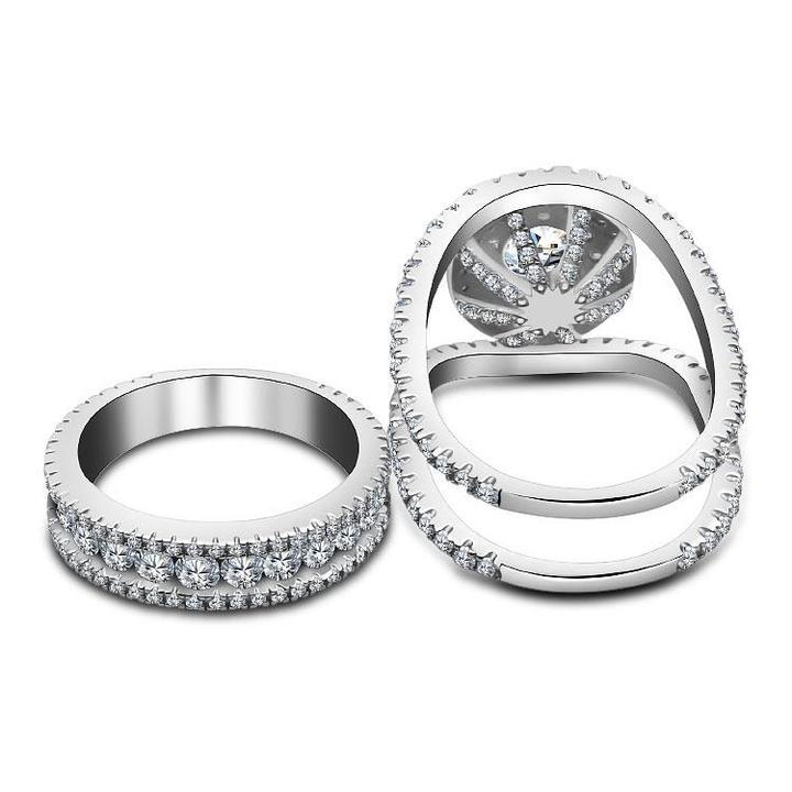 Round Cut Halo Engagement Ring in Sterling Silver with Guard Enhancer