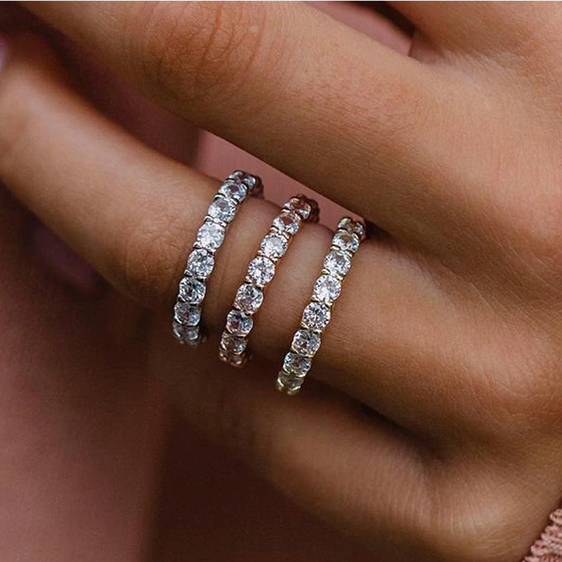 3 Color Available) Classic Round Cut Sterling Silver Stackable Wedding Band