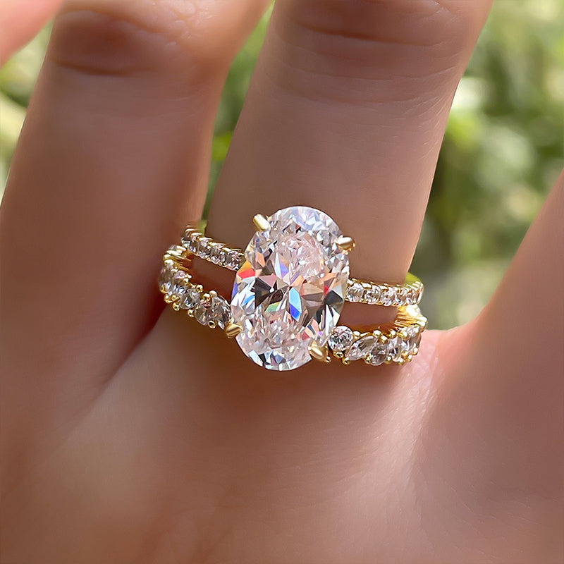 Golden Tone Oval Cut Sterling Silver Bridal Set with Exquisite