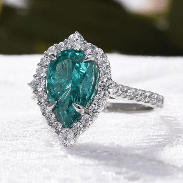 Paraiba Tourmaline Halo Pear Cut Sterling Silver Engagement Ring