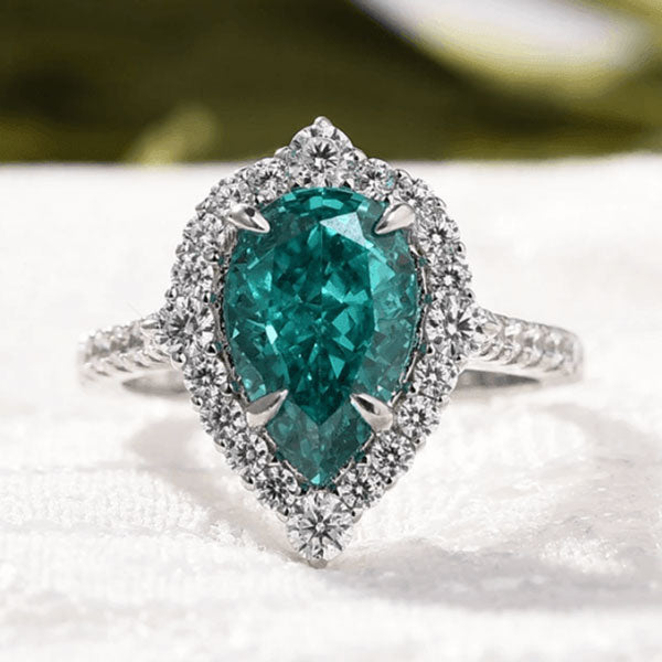 Paraiba Tourmaline Halo Pear Cut Sterling Silver Engagement Ring