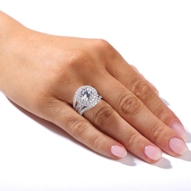 Round Cut Halo Engagement Ring in Sterling Silver with Guard Enhancer