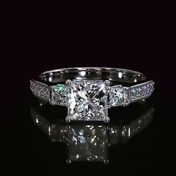 Three Stones Princess Cut Engagement Ring In Sterling Silver