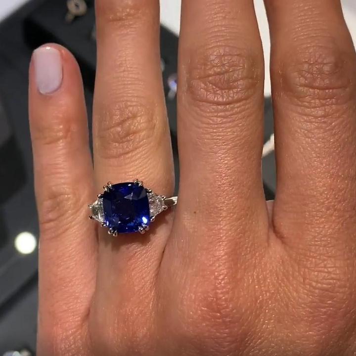 Cushion Cut Sapphire Blue Three-Stone Engagement Ring – Shine of
