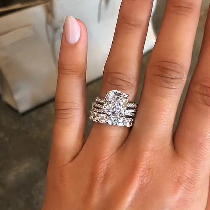 Cushion Cut Silver Engagement Ring Set with Cross Eternity Band