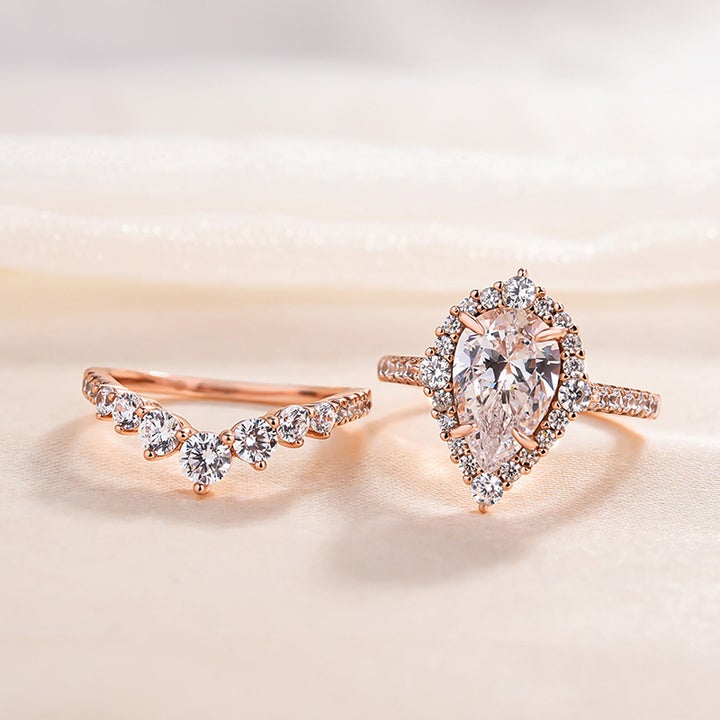 Rose Gold Wedding Rings Pear Cut Halo Engagement Set on Sale