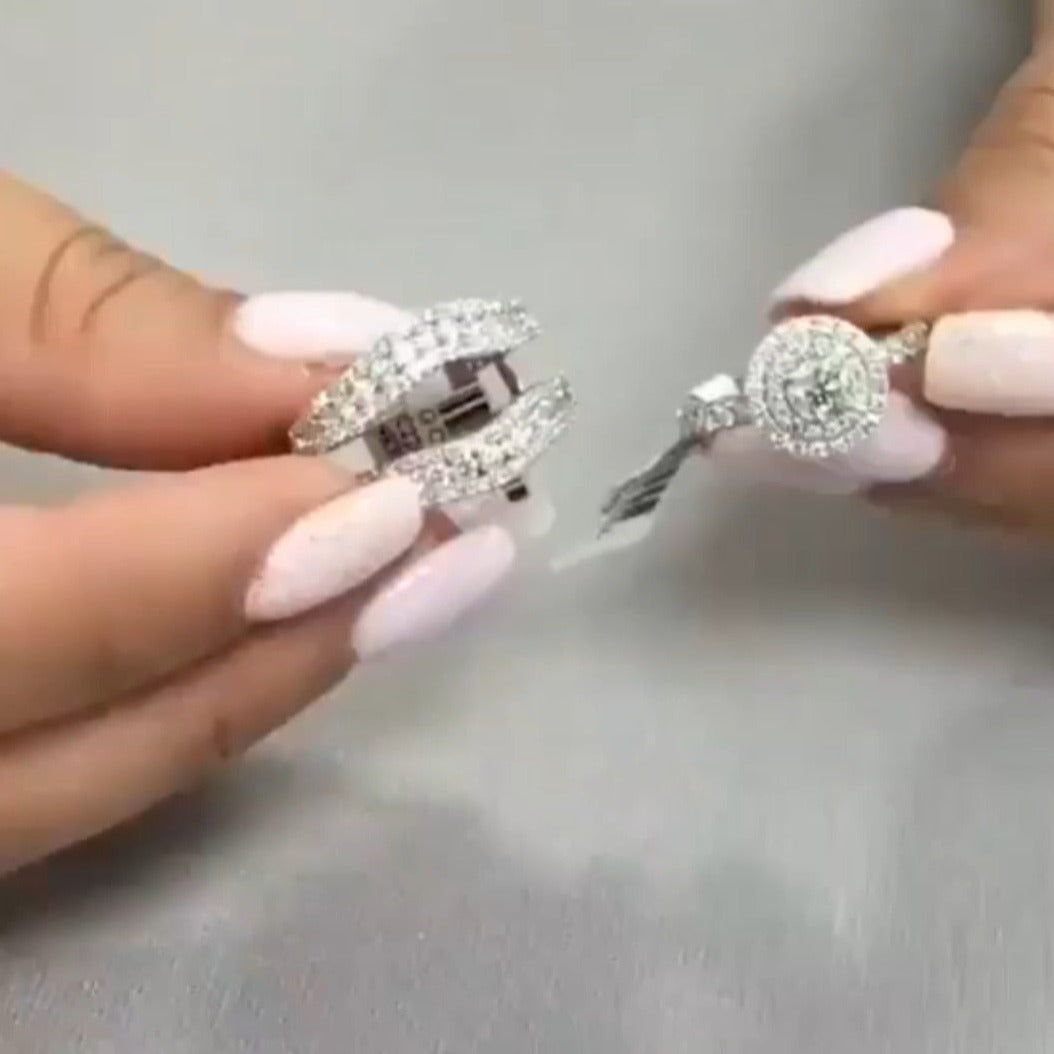 Double Halo Round Cut Insert Bridal Set Rings in Sterling Silver