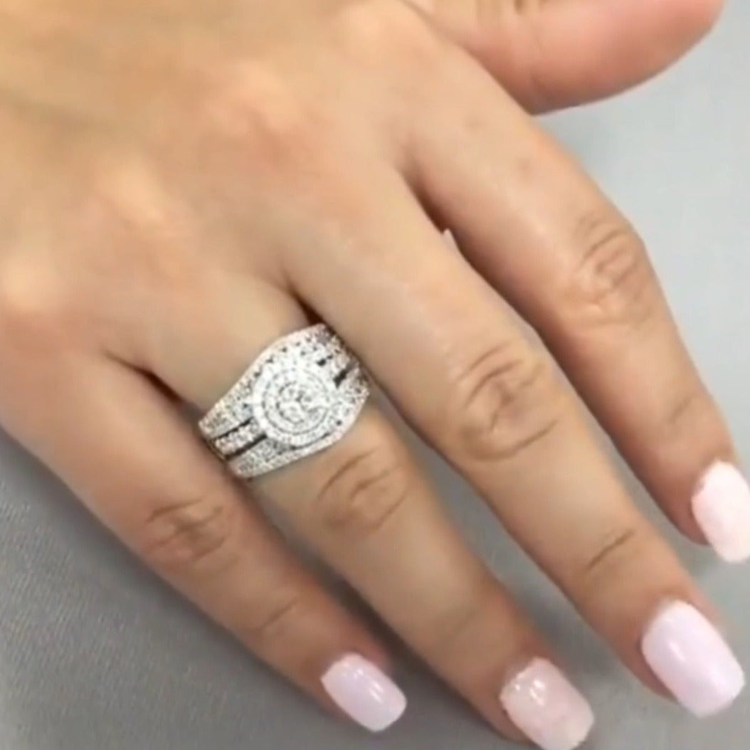 Double Halo Round Cut Insert Bridal Set Rings in Sterling Silver