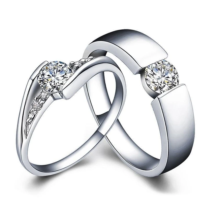 Round Cut Open Couple Rings in Sterling Silver shine of diamond
