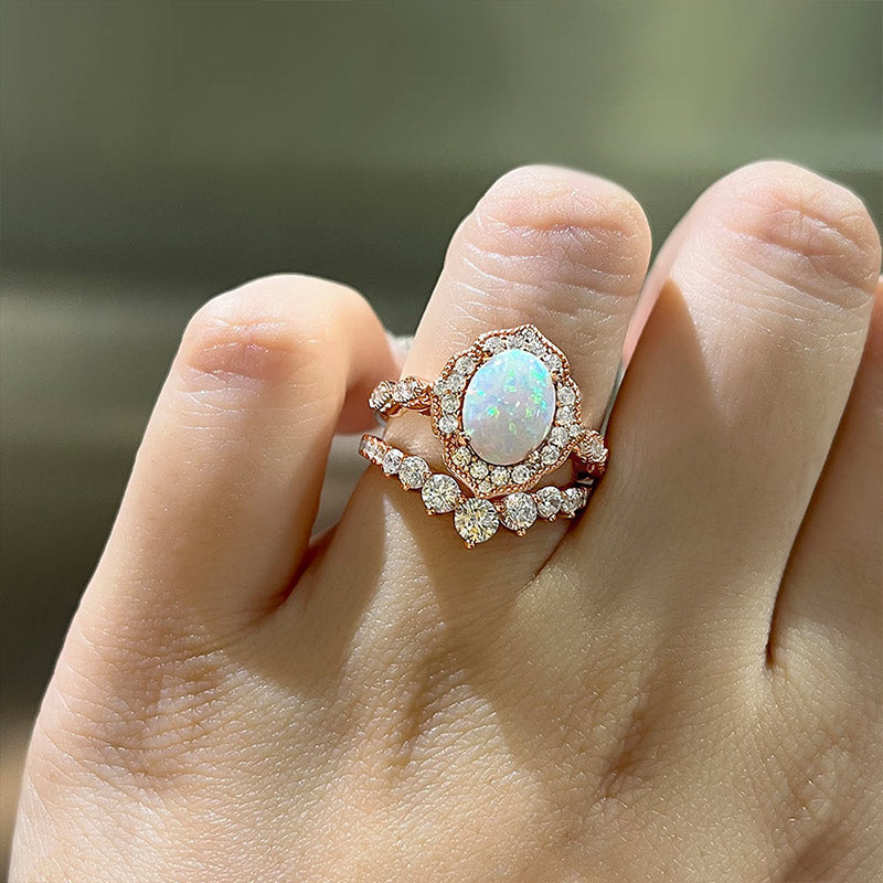 Elegant Rose Golden Tone Oval Cut Opal Bridal Set In Sterling Silver