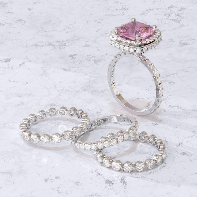 4 Pcs Vintage Colored Cushion Cut Halo Bridal Set Rings In Sterling Silver