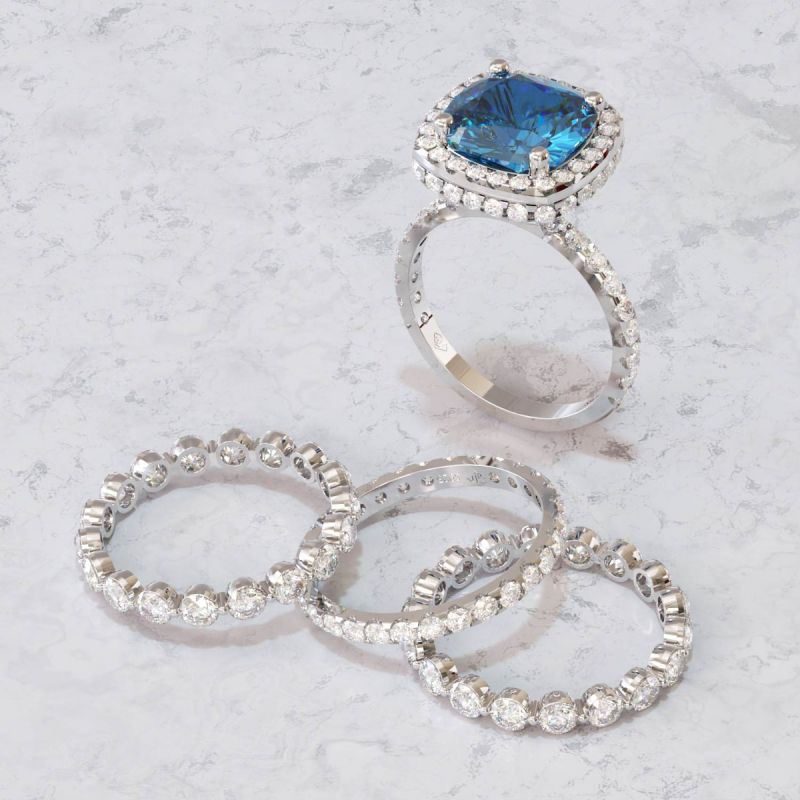 4 Pcs Vintage Colored Cushion Cut Halo Bridal Set Rings In Sterling Silver
