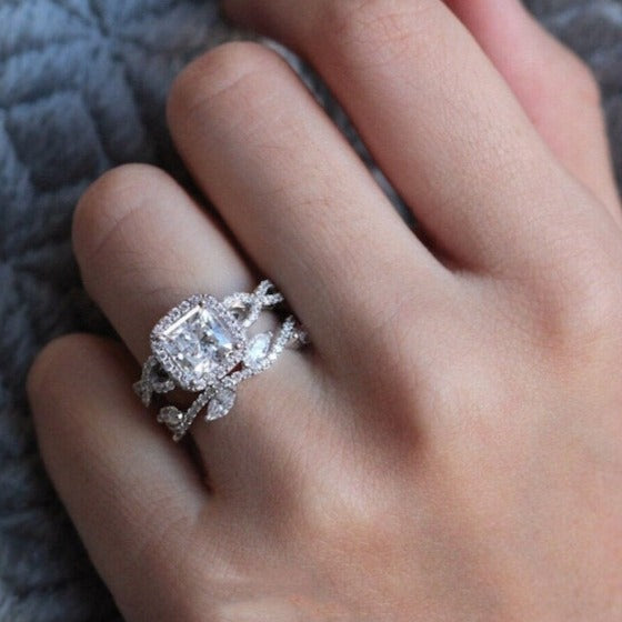 Halo Princess Cut Twist Bridal Ring Set in Sterling Silver – Shine
