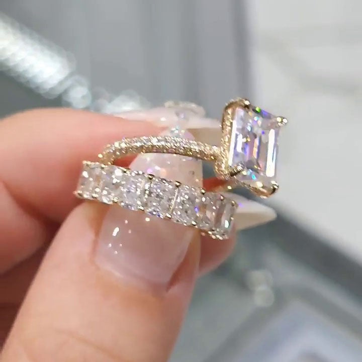 Luxurious Golden Emerald Cut Engagement Ring In Sterling Silver