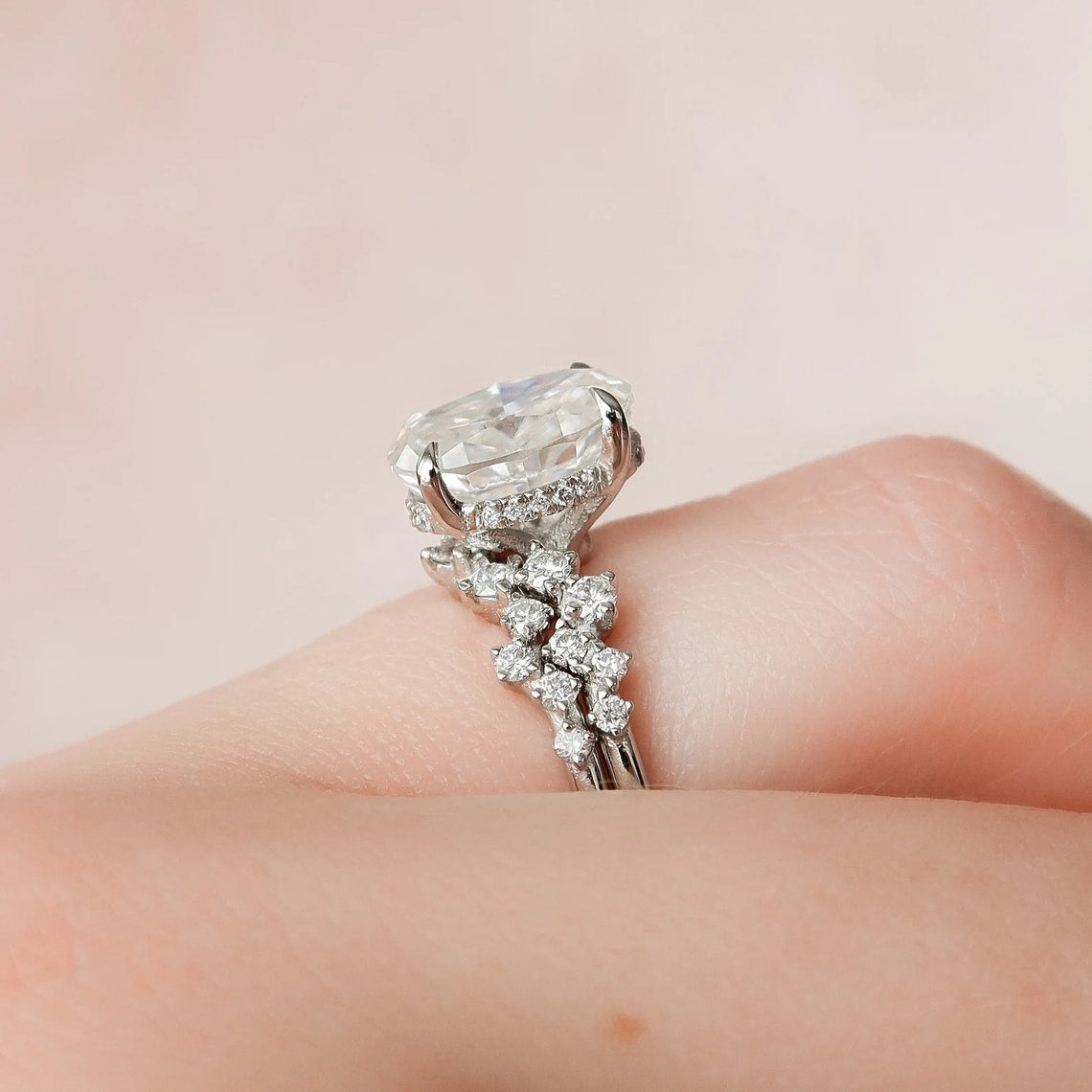 2.0 CT Rose Gold Oval Cut Zig Zag Ring Set Anniversary Ring Set in Sterling Silver