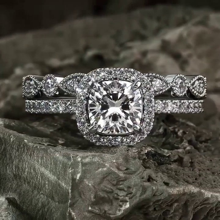 Halo Cushion Cut Bridal Sets with Marquise Cut Band In