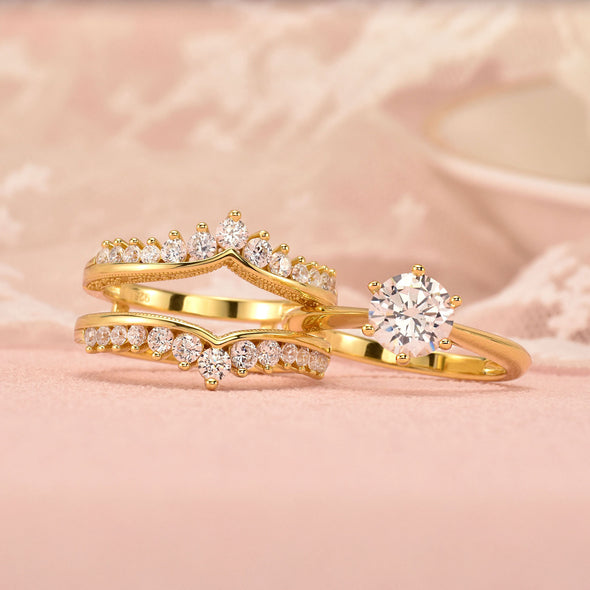 Luxury Round Cut Gold Wedding Ring Set Bridal Ring Set in Sterling Silver