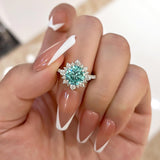 Snowflake Round Cut Cyan Blue Engagement Ring In Sterling Silver