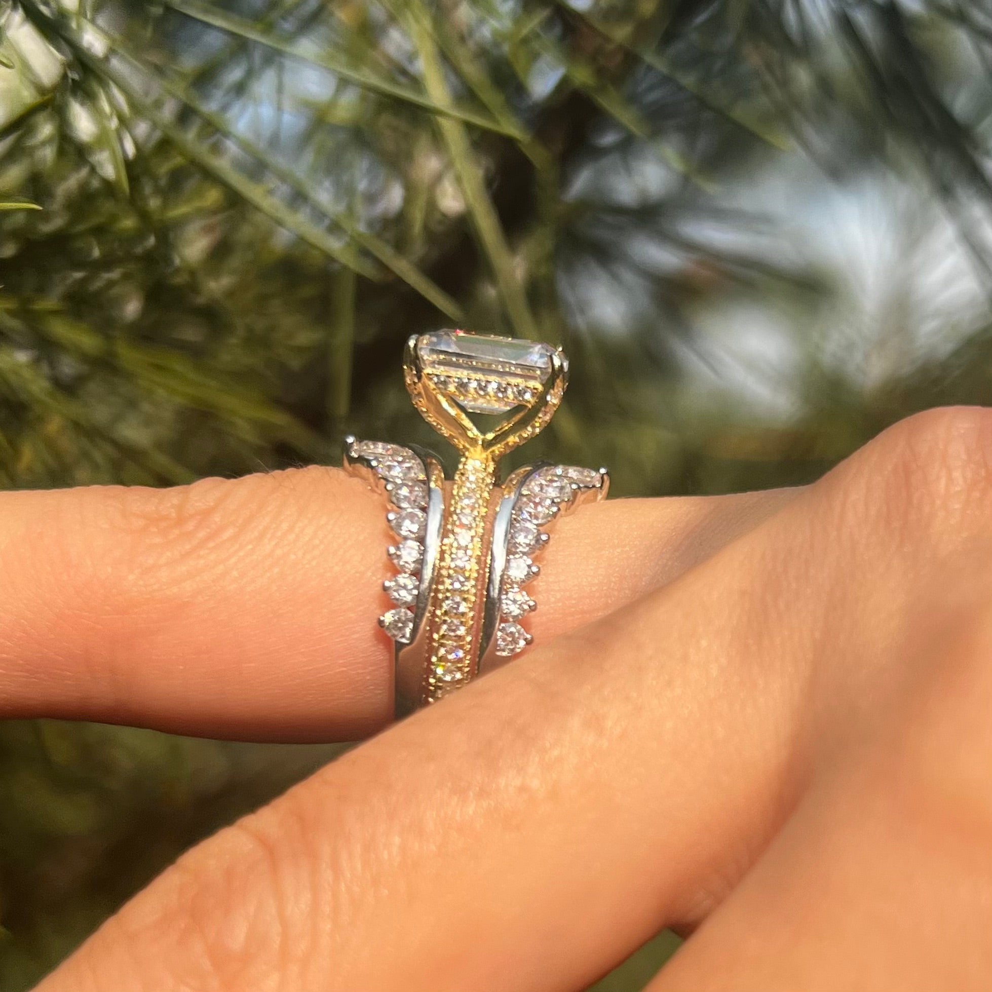 Vintage 2 Pcs Hidden Halo Emerald Cut Insert Bridal Set