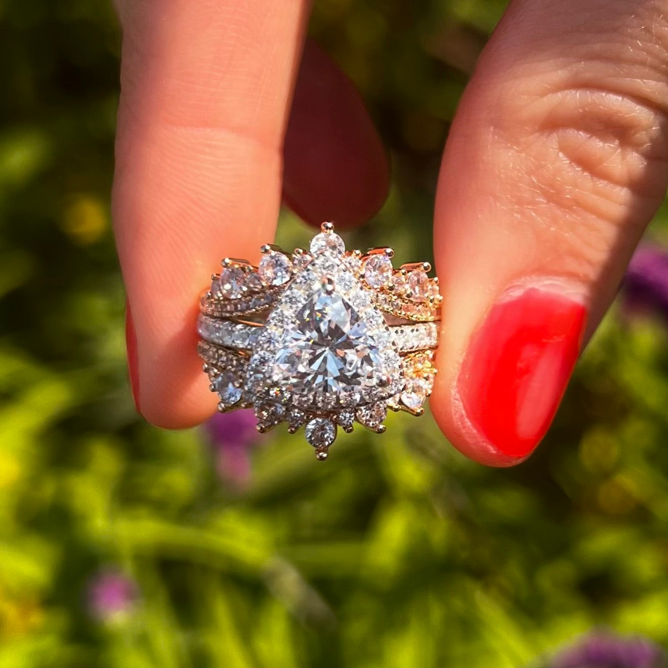 Two Tone Triangle Halo Sterling Silver Bridal Set With Insert Band