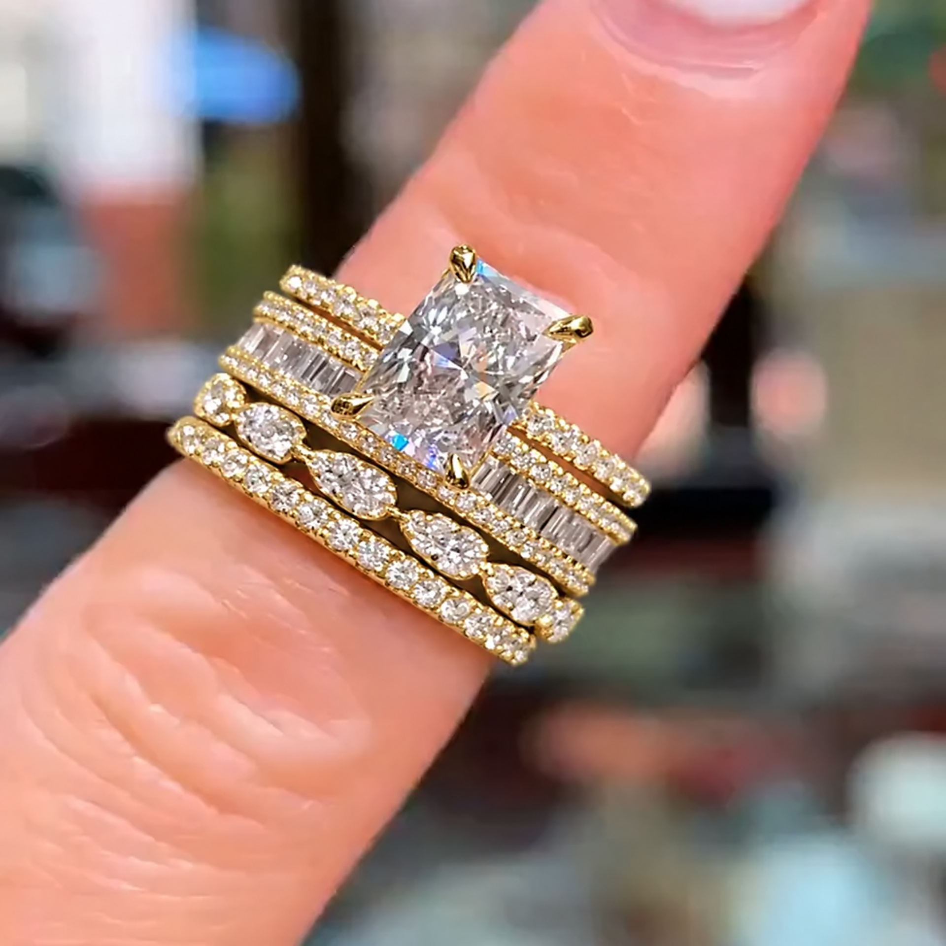 4PCS Radiant Cut Ring With Baguette & Pear Band Bridal Set in Sterling Silver