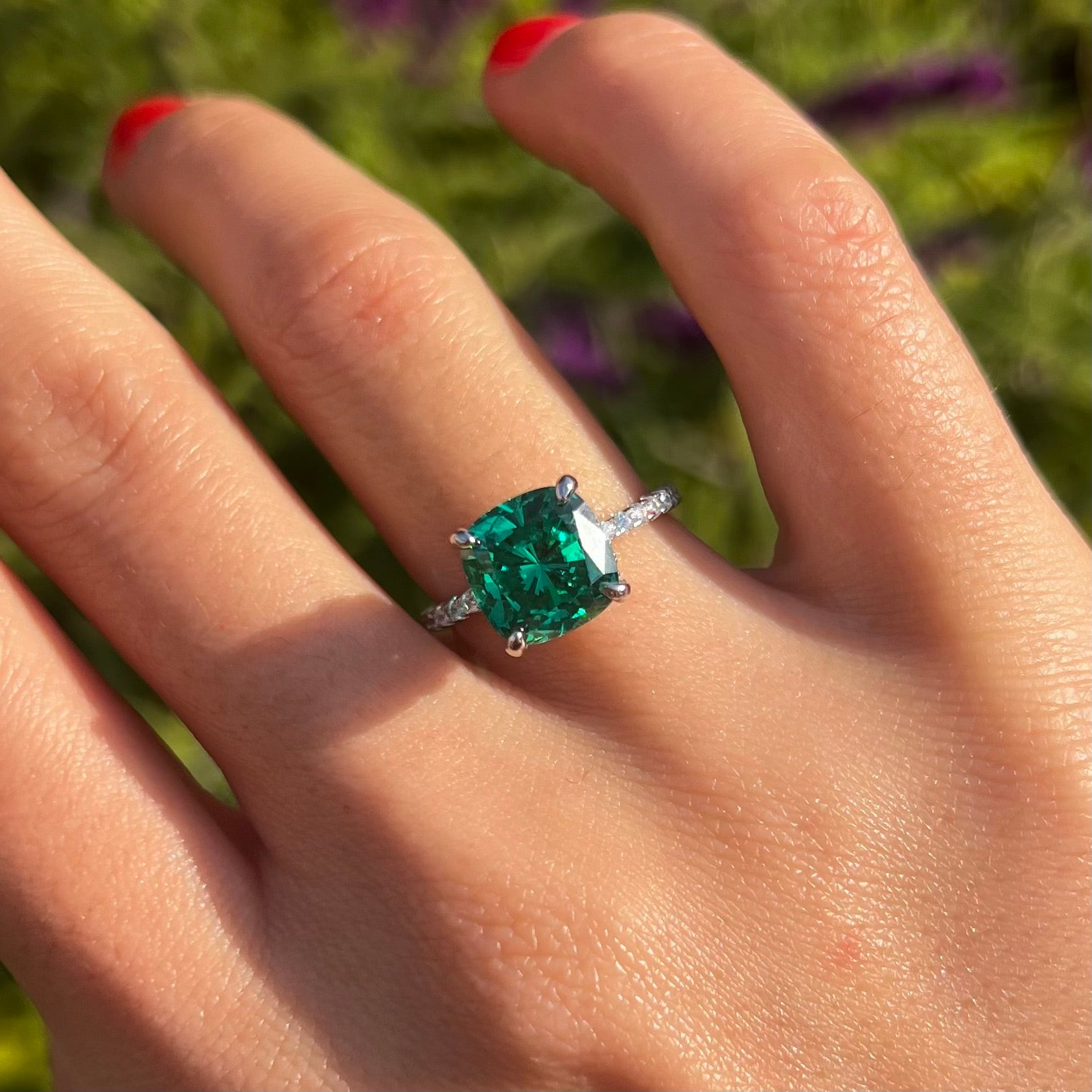 Retro Green Cushion Cut Hidden Halo Sterling Silver Engagement Ring