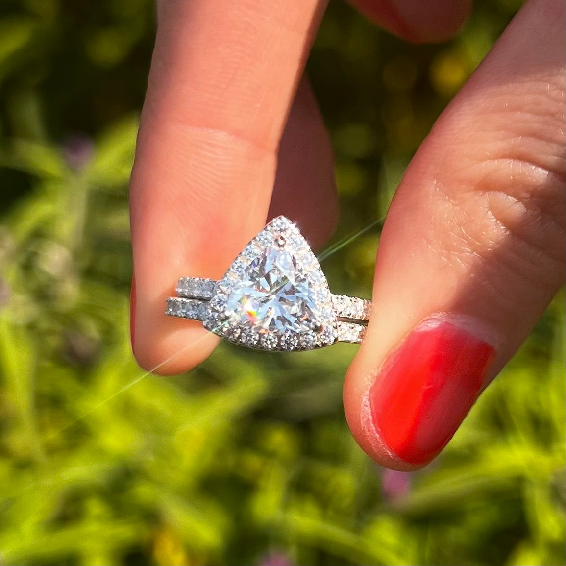 2 Pcs Triangle Halo Sterling Silver Bridal Set With Eternity Band