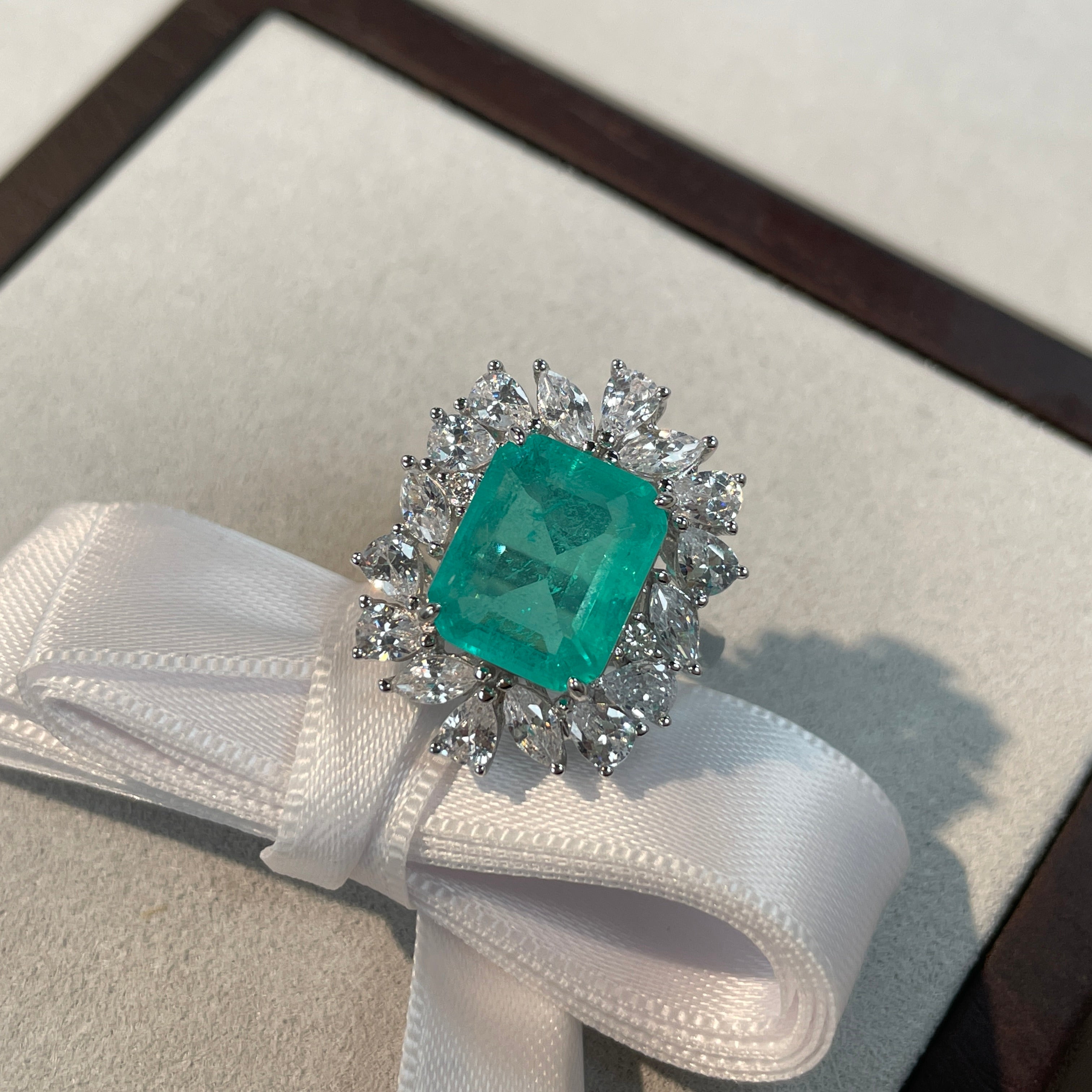 Emerald Green Halo Sterling Silver Engagement Ring