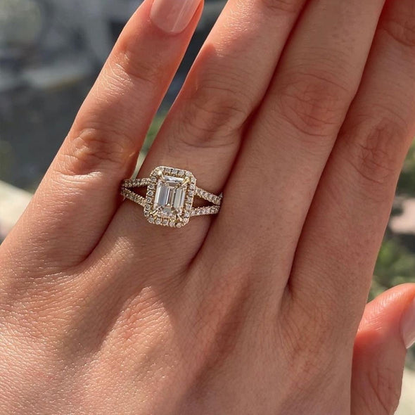 Luxurious Golden Tone Halo Emerald Cut Split Shank Engagement Ring