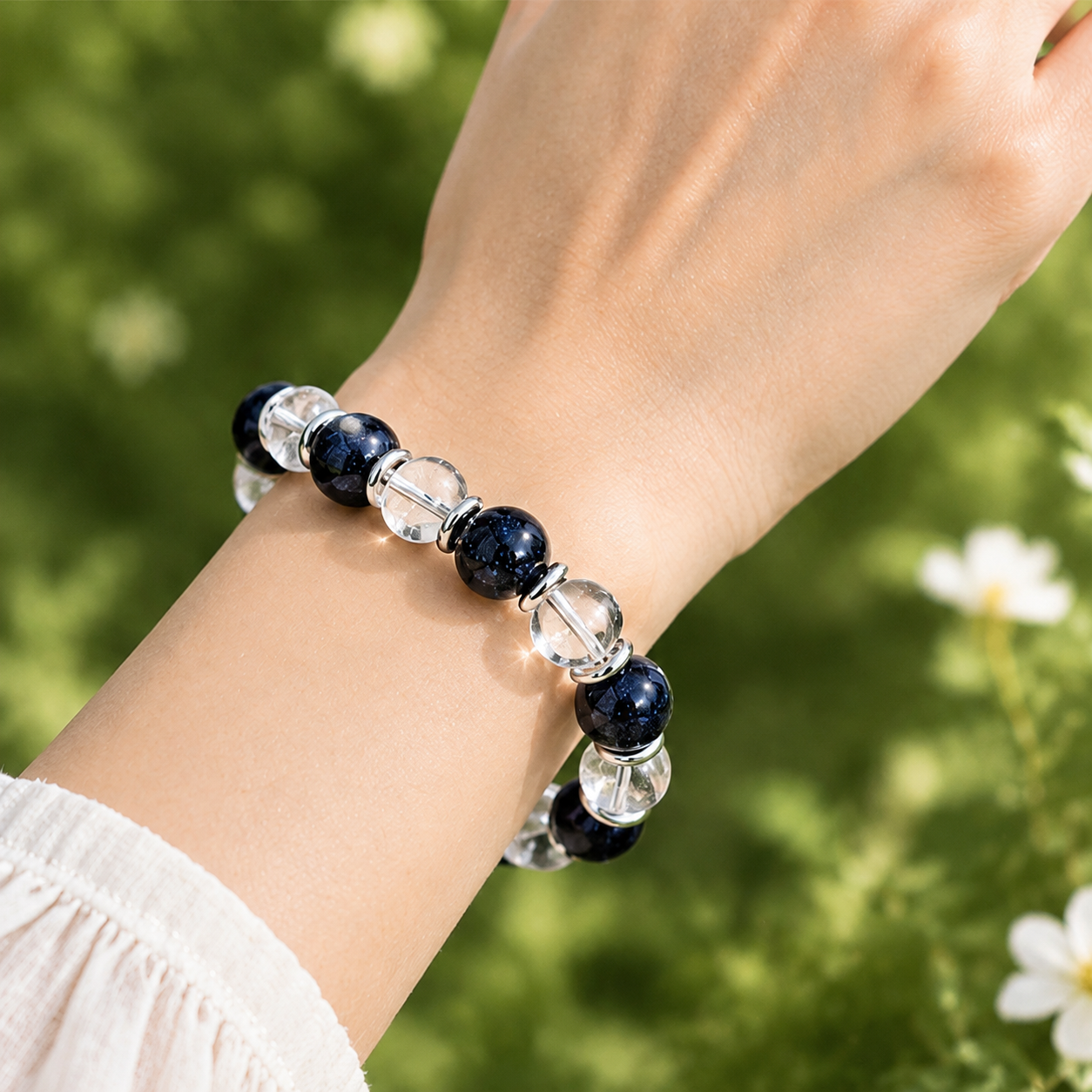 Blue Goldstone & Clear Quartz Bracelet – 12mm Beaded Crystal Jewelry for Men & Women