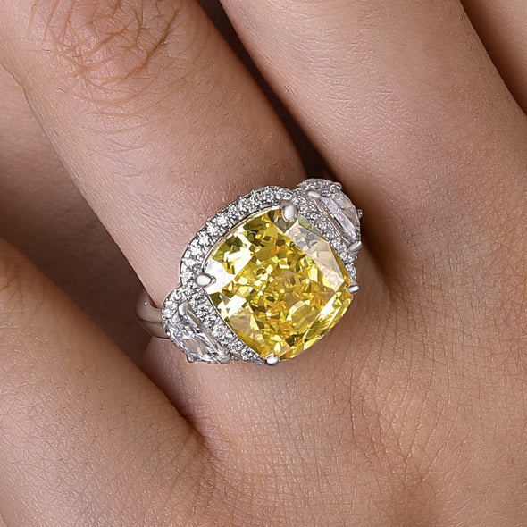 Halo Yellow  Cushion Cut Three Stone Sterling Silver Engagement Ring