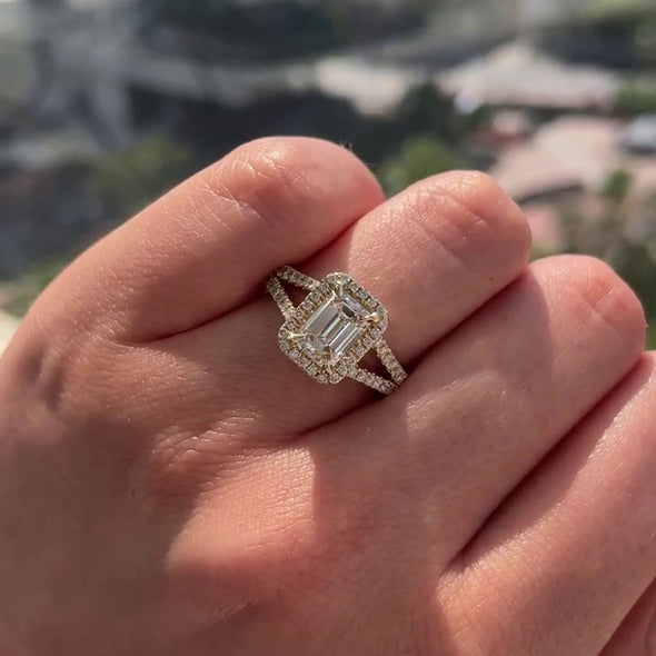 Luxurious Golden Tone Halo Emerald Cut Split Shank Engagement Ring